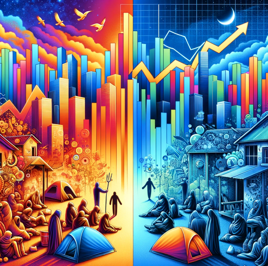 Abstract image representing homelessness and the surging stock market.